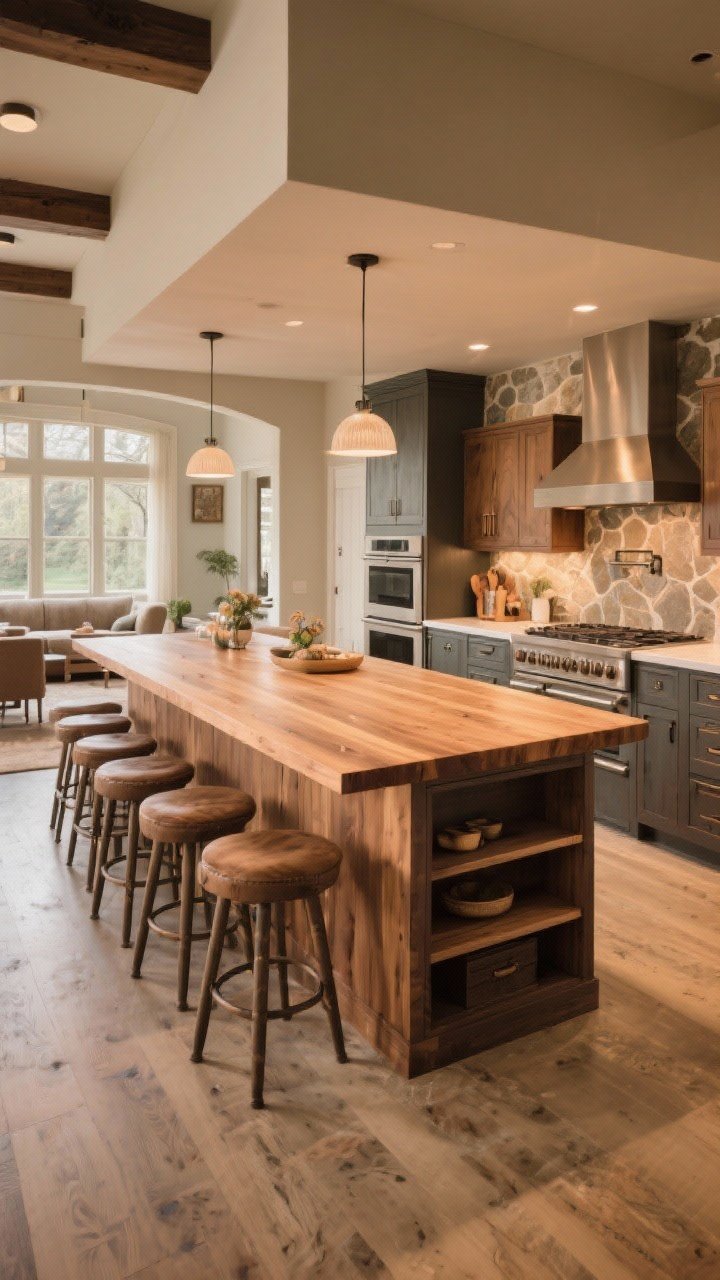 Photorealistic wide shot of a social L-shaped/U-shaped kitchen island designed for big families: wraparound stool seating on two sides, generous 42–48 inch perimeter aisles, varied depths (24-inch storage legs, 12–15-inch seating edges), corner storage featuring a lazy Susan or angled drawers; a contrasting wood countertop only on the seating section to feel like furniture, while the prep zones use stone; warm, welcoming ambiance in an open-concept space