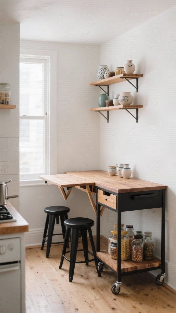 Photorealistic wide shot of a tiny kitchen featuring double-duty furniture: a natural wood drop-leaf table folded down on one side beside a compact rolling kitchen cart (black frame, butcher-block top) with shelves and a small drawer holding pantry goods and ceramics; two matte black stools nested beneath; light oak floors, neutral palette with soft white walls; cart styled with cute ceramics on top and hidden items in the drawer; bright diffused daylight, corner angle, uncluttered but lived-in.