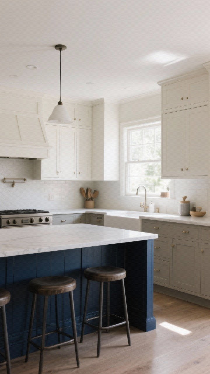 Photorealistic wide shot of a two-tone kitchen highlighting strategic paint: lower cabinets and island painted deep navy with a satin finish, uppers and walls in warm white; soft greige accents via bar stools; satin sheen visible on cabinet faces for wipeability; natural morning light flooding in, bond-primed surfaces look smooth and professional; overall moody-luxe yet timeless vibe.