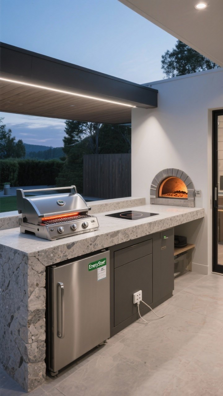 Photorealistic wide shot of an energy-savvy outdoor cooking station: a sleek infrared grill and a single induction burner set into a sintered stone counter, compact Energy Star-rated undercounter fridge with an eco-mode label, and a well-insulated pizza oven tucked into a niche; include a weatherproof cabinet door slightly ajar revealing a smart power strip; cool early evening light with subtle, efficient task lighting to imply low energy use; clean, modern aesthetic.