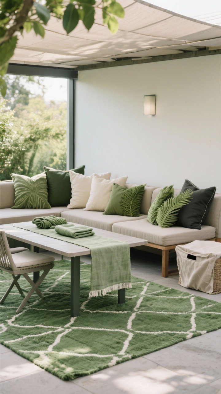Photorealistic wide shot of an outdoor seating area unified by textiles: recycled PET rug in green geometrics under a small dining setup; outdoor cushions in olive and fern on a bench with neutral sand, cream, and charcoal pillows; a linen-blend table runner on the table with a spare folded runner visible in a covered storage bin beside; palette limited to 2–3 shades of green for cohesion; soft natural daylight, weatherproof textures visible, no people
