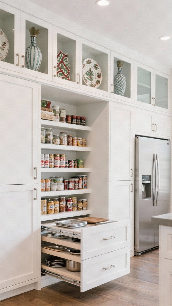 Photorealistic wide shot showcasing full-height storage: stacked upper cabinets reaching the ceiling with top cubbies holding holiday platters and tall vases; a tall pantry pull-out with 4–6-inch adjustable shelves lined with cans and jars; an over-fridge deep cabinet storing trays and stockpots. Include low-profile risers on a shelf to maximize vertical space; clean white cabinetry with glass inserts on the top row, brushed nickel hardware, and even ceiling-wash lighting; straight-on view emphasizing height.