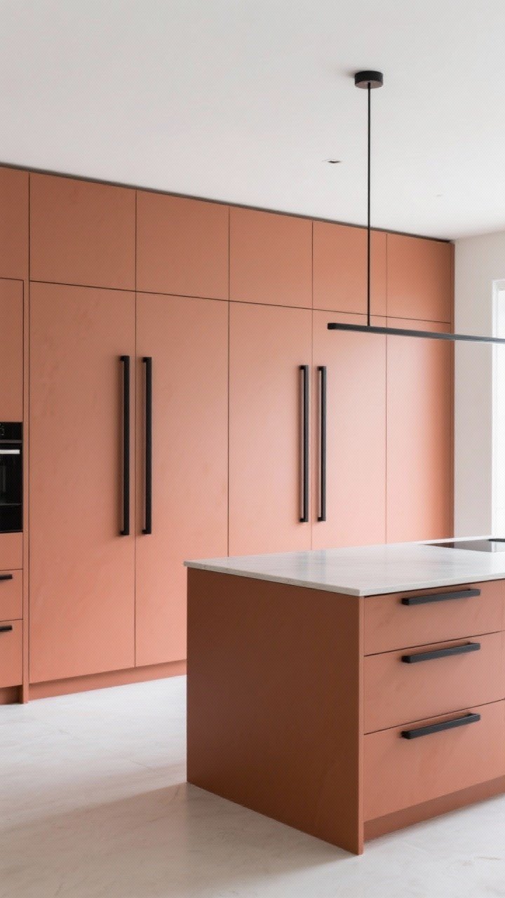 Photorealistic wide, straight-on shot of slab-front cabinets featuring oversized, long pulls in matte black running horizontally on wide drawers and vertically on tall pantry doors to draw the eye upward; minimal, high-impact lines; powder-coated color option shown on the island in a muted terracotta for a focal pop; follow rule-of-thirds sizing proportions; clean, bright natural light; no people