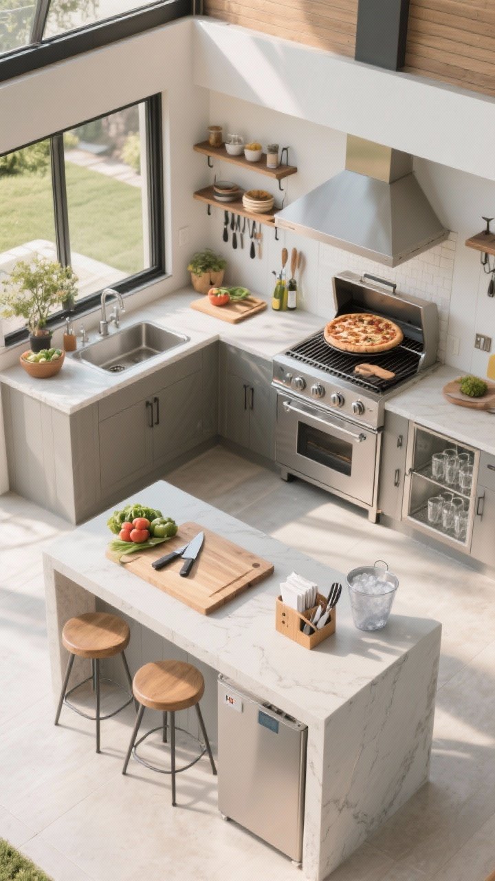 Photorealistic wide top-down plan-style shot illustrating functional zones: clearly defined prep zone near a sink with knives and a landing board for produce; cooking zone with grill and pizza oven, heat-proof side shelves and tool hooks; serving zone as a pass-through counter with two stools; beverage zone with a mini-fridge, ice bucket, and glass storage positioned away from the grill; include a compact indoor-outdoor caddy with napkins, salts, and tongs; soft, even daylight for clarity.
