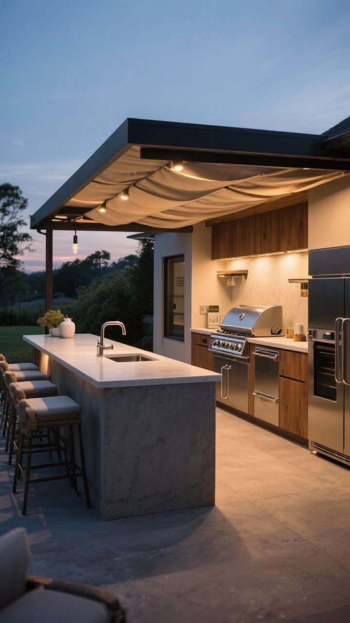 Serene twilight medium shot reinforcing the full, real-life setup: sink, counters, shade structure, layered lighting, side burner, enclosed storage, multi-zone refrigeration, hidden power, ventilation, and a cohesive seating flow all visible; warm, inviting glow from dimmed lights, textures of porcelain, concrete, stainless, and stained wood harmonized; photorealistic, no people, ready-for-cookout ambiance