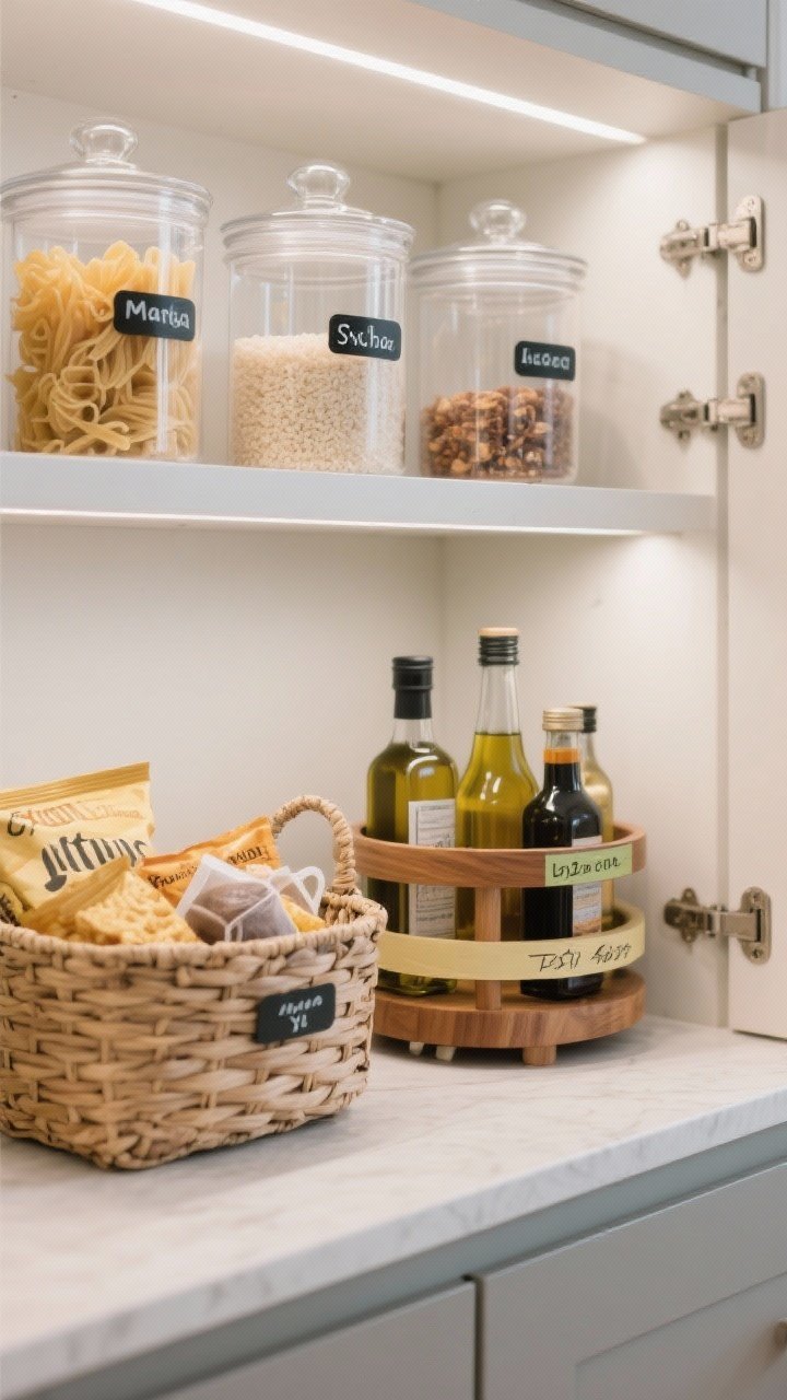 Straight-on closeup of organized open storage: clear glass and acrylic canisters labeled consistently (pasta, rice, snacks), a woven basket corralling chips and tea bags, and a wooden lazy Susan in a cabinet corner holding oils and condiments; clean labels (tape and marker, neatly done), bright task lighting, calm and intentional look, no people, photorealistic.