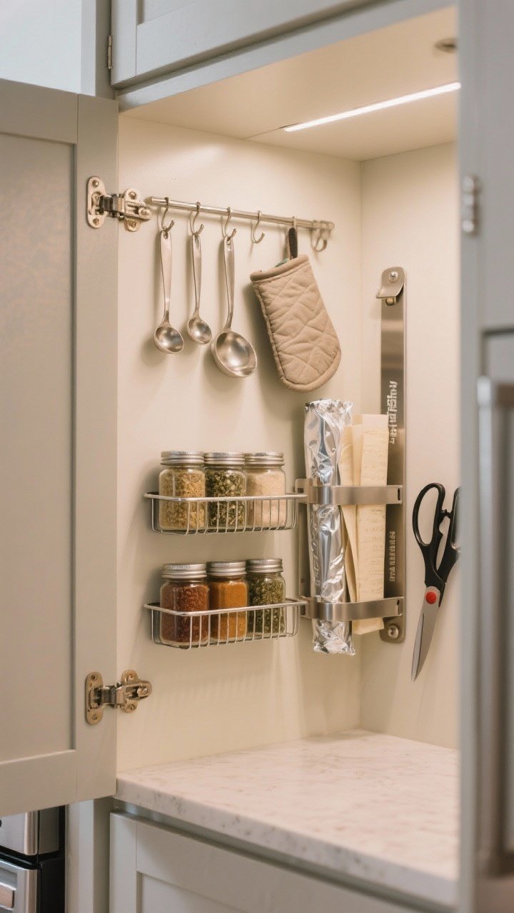 Straight-on closeup of the inside of a cabinet door outfitted for hidden storage: shallow metal spice racks holding uniform spice jars, adhesive hooks corralling measuring spoons and an oven mitt, and a slim clip-in organizer for foil, parchment, and plastic wrap; add a magnetic strip with metal lids and kitchen shears; show door clearance with low-profile rack depth; neutral cabinet color, soft ambient kitchen light.