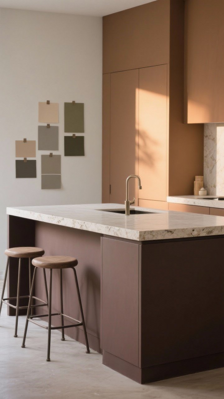 Straight-on medium shot: A clay-painted island base in deep taupe with a satin-matte finish, topped with a pale stone slab; surrounding palette includes mushroom and olive-gray sample cards taped to the side, morning light on one half and warm evening light on the other showing color shift; minimal stools and simple hardware for a calm, custom look, photorealistic.