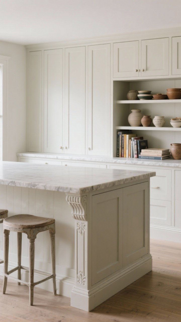 Straight-on medium shot: An island designed as furniture—painted inset panel cabinetry with a recessed toe-kick but dressed with decorative furniture base trim, open end shelves displaying cookbooks and pottery, and simple tapered legs at the corners for airiness; a modern pale stone top perched over a vintage-inspired base for mixed-age charm; gentle daylight with subtle highlights on edges, no people, photorealistic.