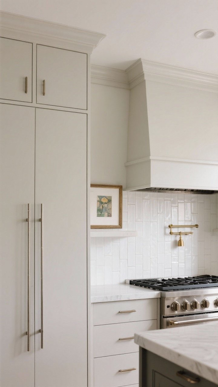 Straight-on medium shot emphasizing height: Full-height cabinets reaching the ceiling with a slim crown, uppermost doors for rarely used items; a vertical-stack tile backsplash in narrow white tiles extending to the ceiling behind the range; slim, tall vertical pulls in brushed metal; a slim brass picture light mounted above a small framed art piece on a shallow shelf, drawing the eye upward; overall impression of increased ceiling height.