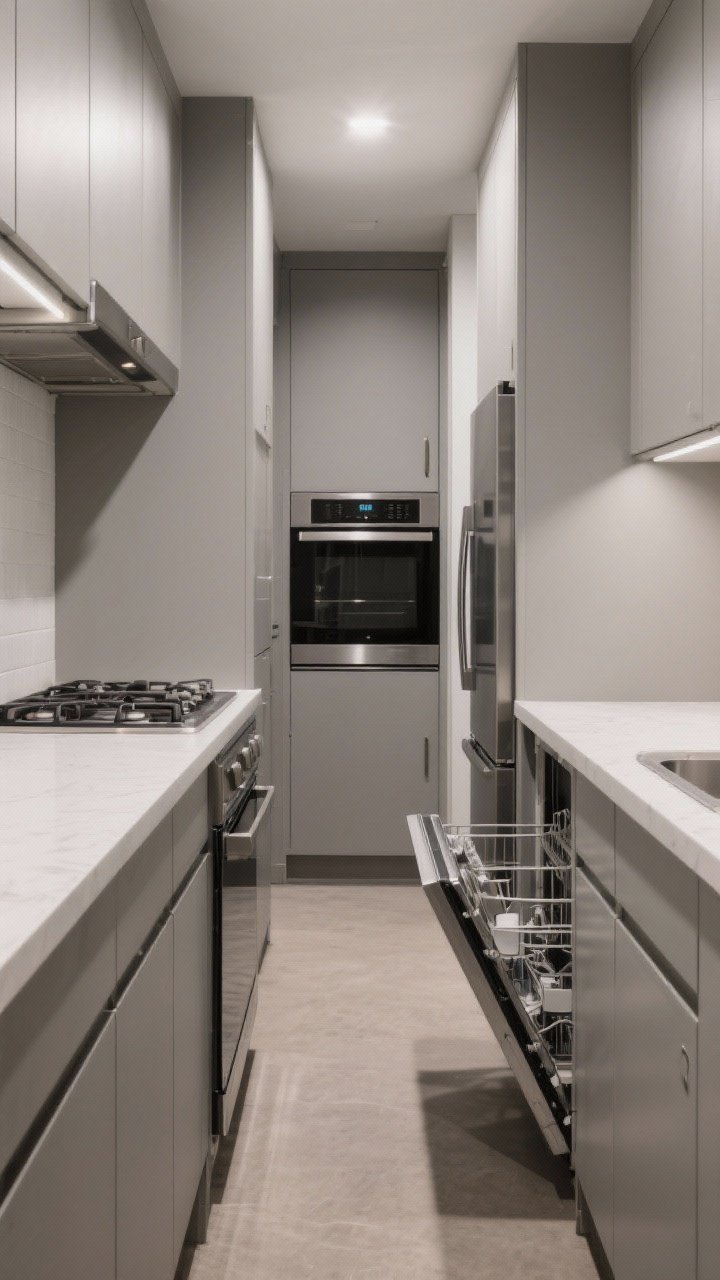 Straight-on medium shot focusing on compact, smart appliances in a narrow kitchen: a 24-inch slide-in range with continuous countertop lines, panel-ready dishwasher blending with cabinetry, and a counter-depth 24-inch fridge aligned with cabinets for clear aisles; option of a single-drawer dishwasher slightly open; clean sightlines, matte cabinet fronts, understated lighting, photorealistic, European small-space vibe.