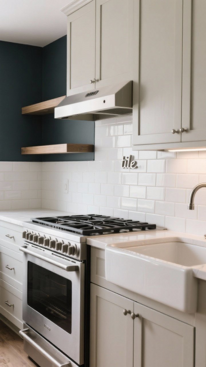 Straight-on medium shot of a backsplash makeover without tile saw: peel-and-stick white subway “tile” behind the range area, beadboard panels painted soft greige along the prep run, and a high-contrast painted wall section in deep charcoal behind floating shelves. Include a neatly sealed area behind the sink (clear caulk line visible). Clean lines, fresh color, instant polish. Even, bright task lighting under cabinets to make textures and patterns read clearly.