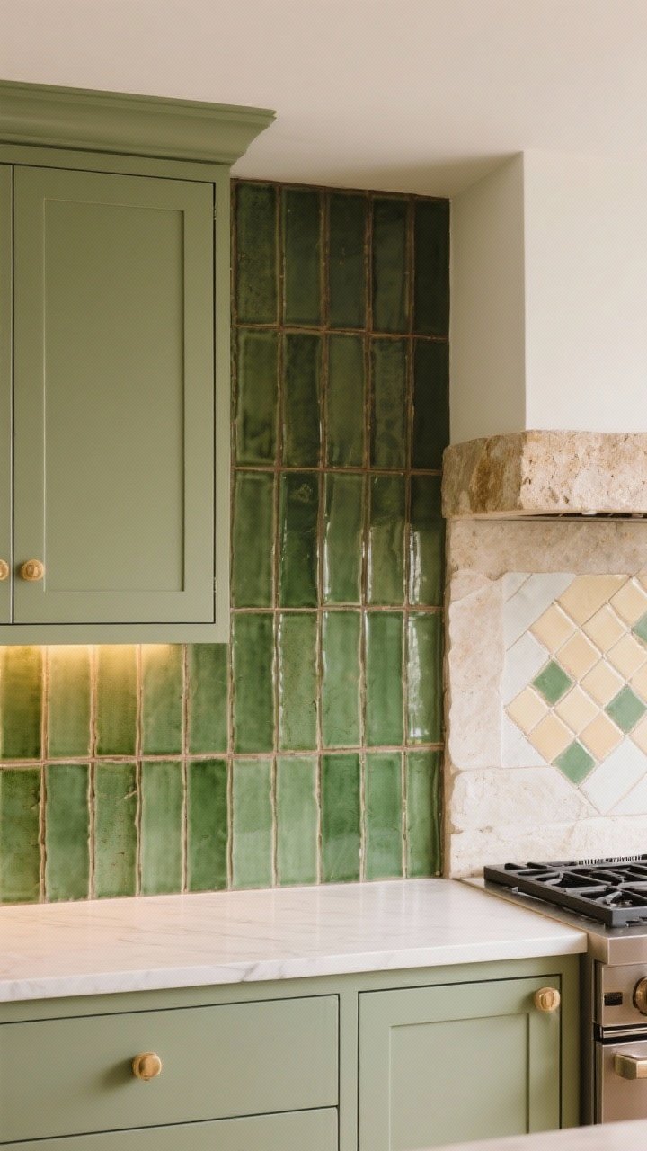 Straight-on medium shot of a backsplash wall with vertically stacked slim green tiles (kit-kat/zellige style) showing earthy glaze variation, tight grout lines in warm taupe; paired with sage cabinets and creamy zellige accent tiles near the range; limestone slab return on one side for a minimalist mix; warm under-cabinet lighting and soft daylight enhancing height and texture.