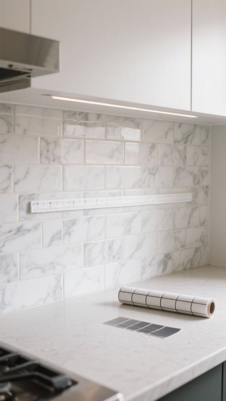 Straight-on medium shot of a kitchen wall receiving a peel-and-stick backsplash in marble-look zellige tiles; show a level on the counter, seams aligned working from the center outward, and a neat bead of white caulk where backsplash meets countertop; clean, dry wall with no dust; subtle under-cabinet light grazing the tile texture to emphasize realism; optional roll of classic white subway tile and darker grout sample to suggest a timeless alternative.