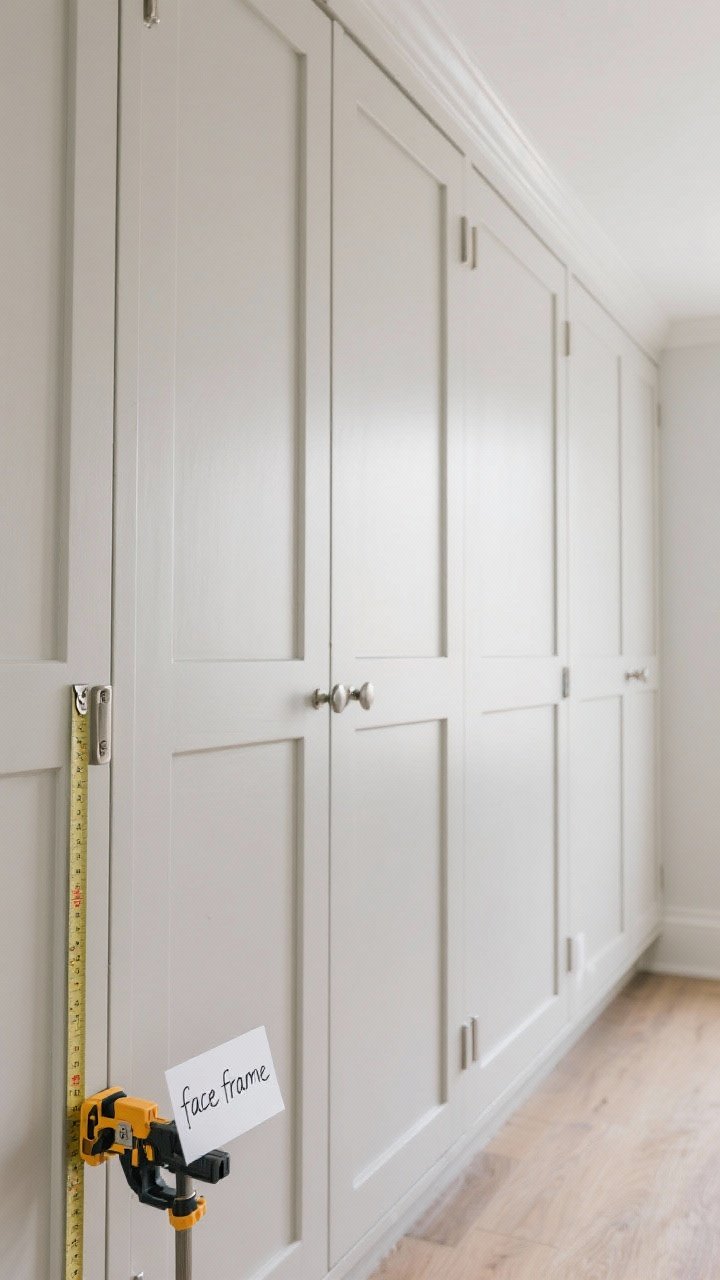 Straight-on medium shot of a run of cabinets where only the doors have been replaced: clean Shaker slab combination in a modern profile, perfectly fitted soft-close hinges, and gap lines even. Show a measuring tape, hinge jig, and note card reading “face frame” to indicate hinge type accuracy. Side panels and toe-kick are painted to match the new doors for a seamless, custom look. Neutral, diffused daylight.