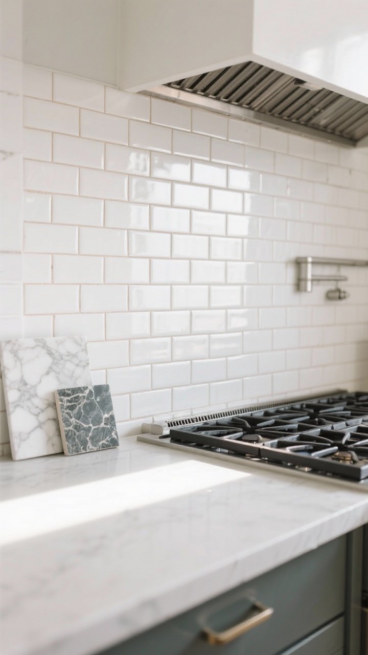 Straight-on medium shot of a timeless backsplash: classic white subway tile in running bond with slightly warm grout for a cleaner look, taken up to the ceiling behind the range; include a small section showing stacked layout as a modern twist; a marble mosaic sample and a sealed stone slab backsplash sample placed on the counter; bright, clean daylight.