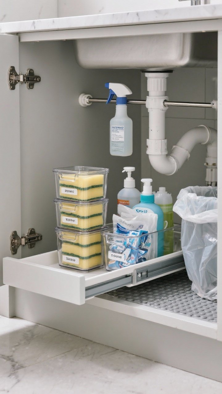 Straight-on medium shot of an under-sink cabinet transformed: a U-shaped pull-out tray hugging plumbing pipes, sliding out with cleaning supplies; stackable clear bins holding sponges, dishwasher tabs, and trash bags; a tension rod spanning the cabinet with spray bottles hanging; waterproof mat lining the base; bins labeled to avoid duplicates; cool neutral tones with crisp task lighting.
