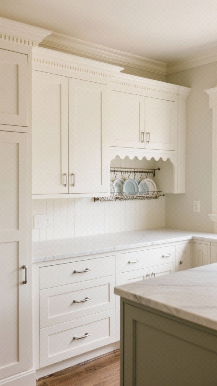 Straight-on medium shot of cabinetry transformation: formerly ornate cabinets updated with painted shaker doors in a warm white, slab drawers on the island, streamlined matte stainless pulls; removed plate rack and scalloped valance area now clean open space; minimal crown trim, no corbels or rope molding; soft, even lighting highlighting crisp lines and functional simplicity.