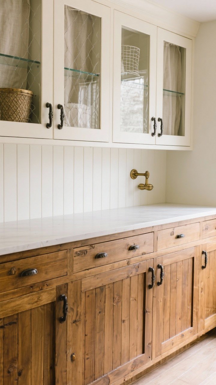 Straight-on medium shot of cabinetry with character: inset cabinet doors with beadboard panels, exposed hinges, and two-tone palette—warm natural wood lowers with creamy white uppers; a few glass-front uppers lined subtly with linen or wire mesh; aged brass bin cup pulls and blackened steel latches; matte paint finish, soft daylight to accent the details without glare.