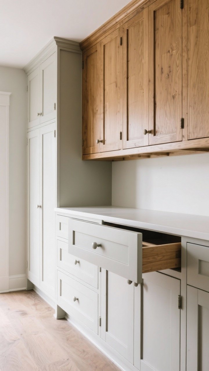 Straight-on medium shot of clean, classic cabinetry: matte-painted Shaker lower cabinets and warm wood slab uppers, inset doors on the lowers for a luxe look and full-overlay on a pantry run for streamlined lines; toe-kick drawer slightly open to reveal hidden storage; durable enamel paint finish visible; neutral backdrop that feels timeless.