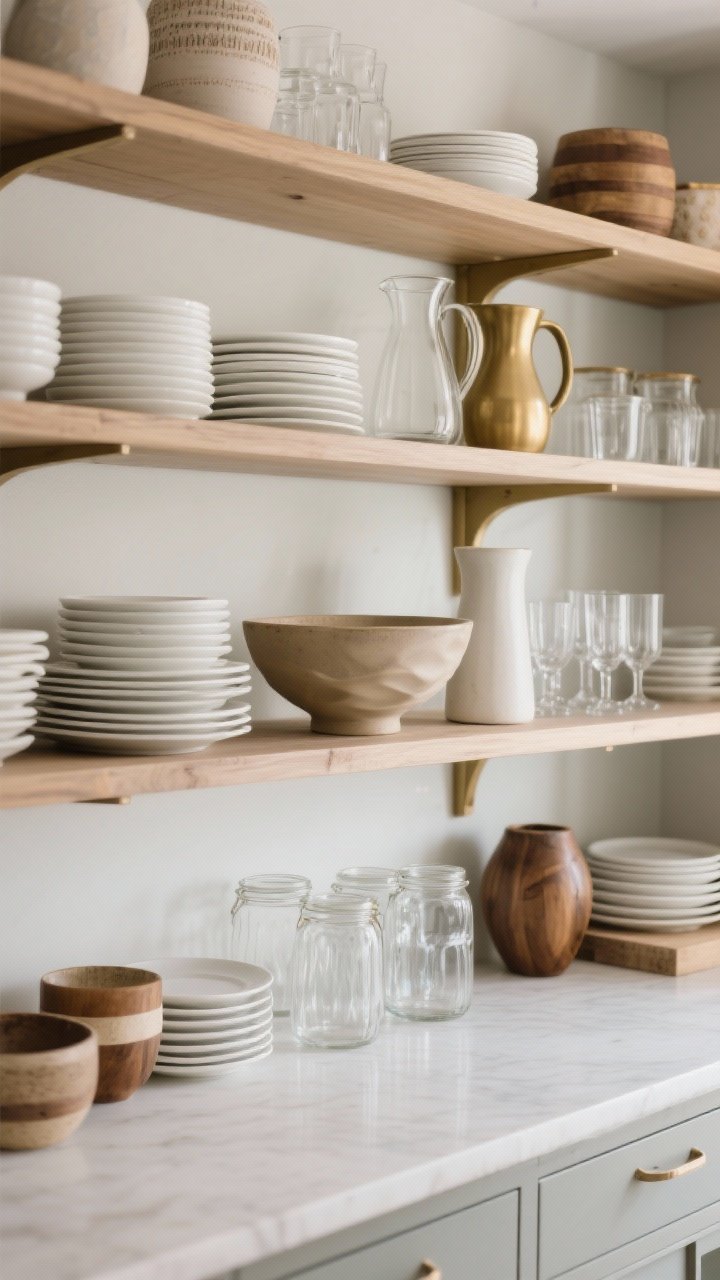 Straight-on medium shot of curated open kitchen shelving: a neutral palette with 1–2 accent colors, stacks of white plates, matching clear glasses, and uniform glass jars; mixed textures including wood, ceramic, glass, and a touch of brass; each shelf anchored by one larger piece (a sculptural serving bowl and a tall pitcher) with intentional breathing room; soft natural light, photorealistic.