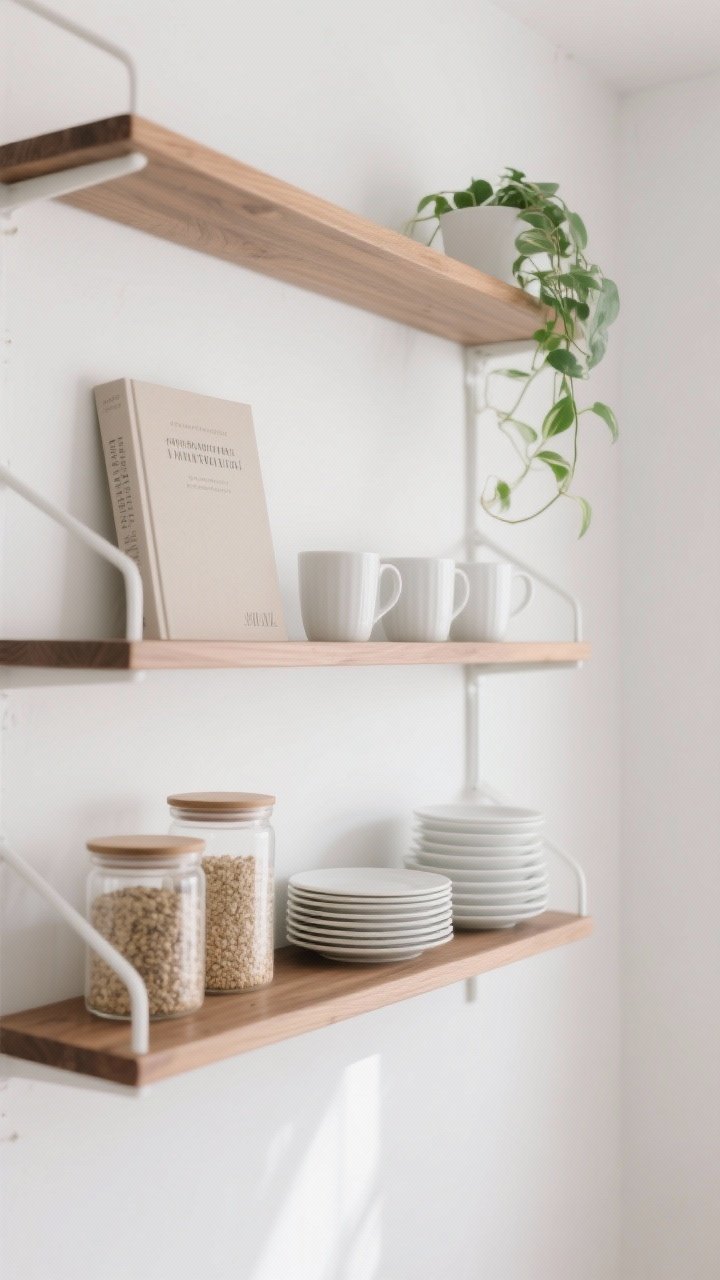 Straight-on medium shot of minimalist-styled open shelves against a white wall: a controlled palette of whites, warm wood accents, clear glass storage jars with grains, stacks of white plates, a few handled white mugs, a single green plant trailing gently, and a neutral-toned cookbook; varied heights and shapes, intentional breathing room, clean and cohesive; soft natural light, photorealistic.