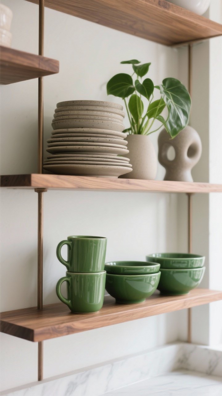 Straight-on medium shot of open kitchen shelving: walnut or oak shelves styled in thirds—one stack of stoneware plates, one leafy green plant, one sculptural object; mix matte stoneware mugs with glossy green-glazed bowls; repeat green accents across shelves and leave generous negative space; soft, even daylight for a fresh, uncluttered feel.