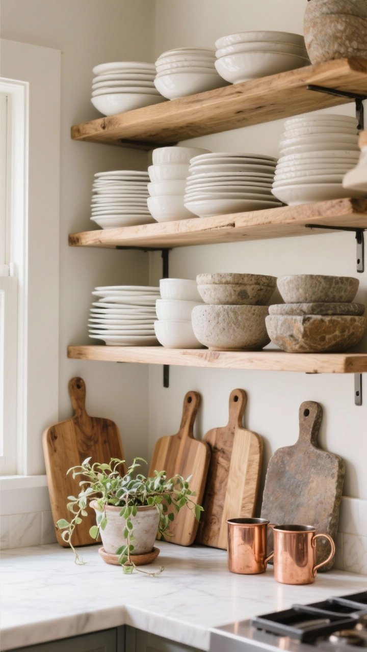 Straight-on medium shot of open kitchen shelving styled intentionally: stacks of everyday white plates and bowls as neutral basics, layered with wood cutting boards and chunky stoneware pieces. A small potted trailing plant softens the arrangement; groupings in odd numbers with varied heights. Gentle morning light emphasizes a cozy, lived-in rustic feel; swap-friendly seasonal touches like a pair of copper mugs peeking in.