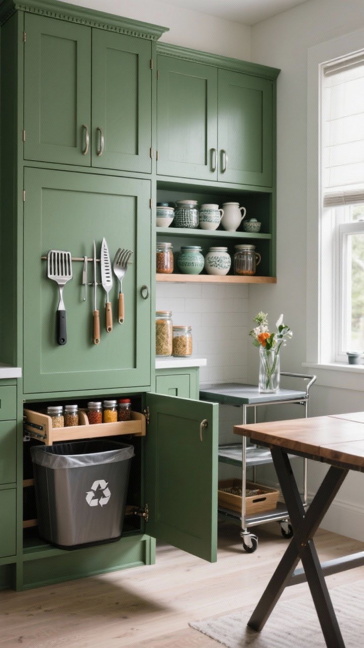 Straight-on medium shot of organized storage: closed green cabinetry with weather gaskets, an open shelf with weatherproof ceramics and jars, pull-out recycling bin partially open, and a drawer organizer for spices and rubs. Include magnetic strips inside a cabinet door holding metal grill tools, a bar cart that doubles as a prep surface parked nearby, and a compact drop-leaf table folded down. Natural light, tidy and efficient, photorealistic.