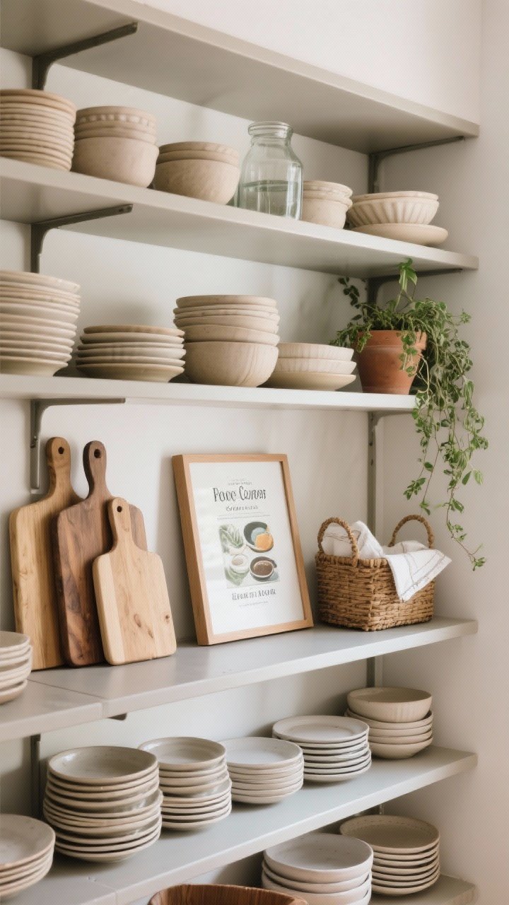 Straight-on medium shot of practical open shelving: tightly curated color palette with stacks of neutral plates and bowls as the base layer, vertical interest from leaning cutting boards and a framed print/cookbook, a small basket for napkins, and a trailing plant/herb pot; materials mix of ceramic, wood, and glass; clean but lived-in look with natural daylight