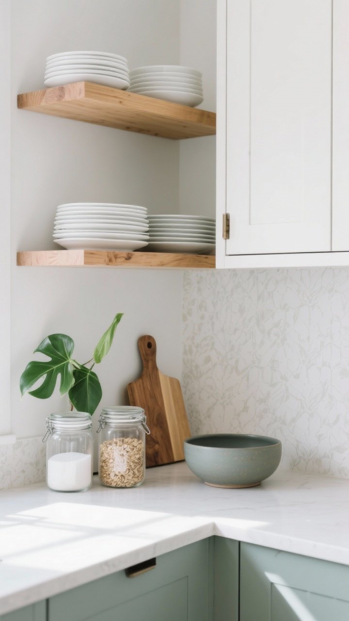 Straight-on medium shot of realistic open shelving: two natural wood shelves styled with a tight palette—white plates stacked, clear jars of decanted sugar, oats, and coffee, a single green plant, one wooden cutting board, and a matte ceramic bowl in a muted accent color; adjacent cabinet with doors removed and interior lined in subtle peel-and-stick wallpaper; counters minimal; bright daylight; photorealistic with crisp detail and balanced negative space.