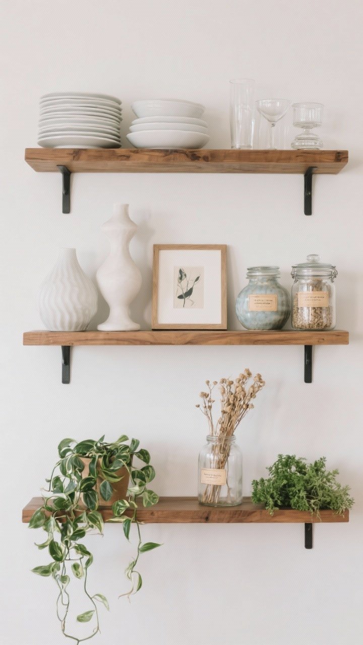 Straight-on medium shot of styled open kitchen shelves as a curated gallery: top shelf holds stacks of white plates, pretty bowls, and clear glassware (1/3 everyday); middle shelf features sculptural vases, a small framed art piece, and unique ceramics (1/3 decorative); lower shelf includes an herb plant, trailing pothos, and a bundle of dried stems in a jar (1/3 greenery). Tight color palette: white + warm wood + clear glass. Grouped in threes, varied heights, lidded jars with neat labels for small items. Soft daylight.