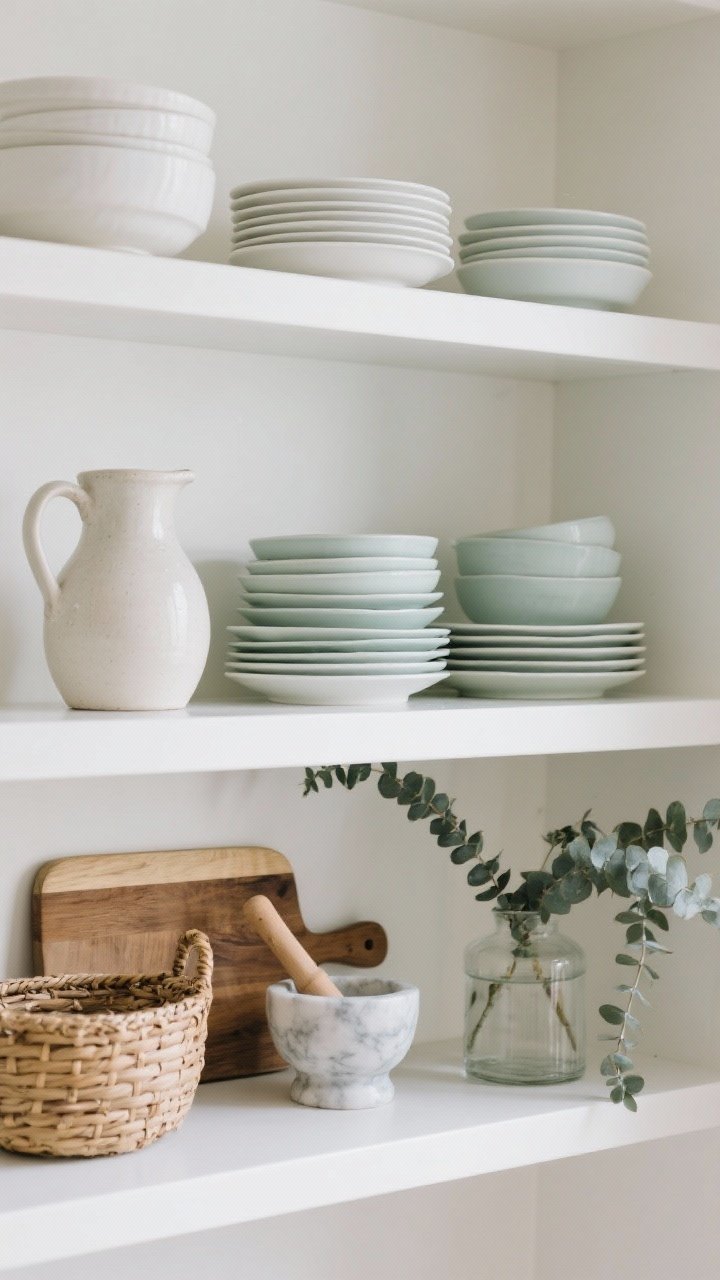 Straight-on medium shot of styled open shelves: anchored by a stack of white bowls and a ceramic pitcher, layered stacks of plates and shallow bowls for function, natural materials like a wood cutting board, woven basket, and marble mortar and pestle, plus a trailing plant and a vase with eucalyptus; tight palette of whites, wood, glass, and a single soft accent color like sage; clean, photogenic arrangement.