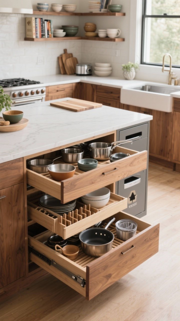 Straight-on medium shot of the island’s storage strategy: deep drawers open to reveal dividers for pots, pans, mixing bowls, and small appliances; an integrated trash/recycling pull-out under the main prep area; vertical tray/cutting board slots near the sink; open shelves on the seating side with cookbooks and ceramic bowls; optional toe-kick drawer slightly pulled out; natural daylight, warm wood accents, tidy, functional vibe