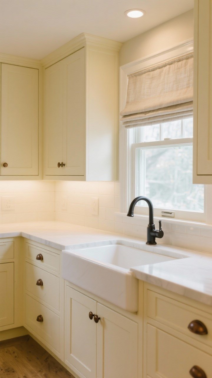 Straight-on wide shot: creamy ivory semi-gloss cabinets (yellow-based ivory in a cool, north-facing light) that bounce light; oil-rubbed bronze pulls, matte black bridge faucet at the sink; linen Roman shades on the window; soft, warm ambient lighting to enhance skin-flattering warmth; surrounding finishes kept timeless to avoid builder-grade look.