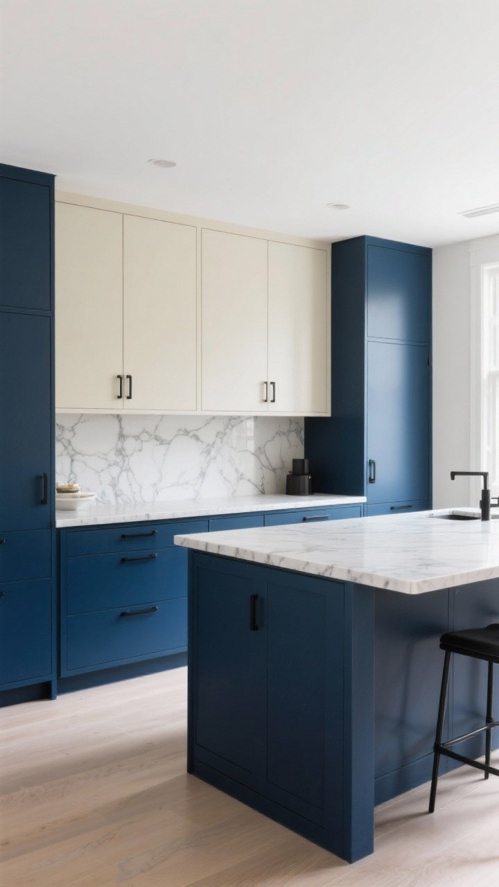 Straight-on wide shot of two-tone cabinetry: ink blue lowers with cream/light warm white uppers, consistent veined quartz countertop tying both tones together; island matching lowers, matte black hardware, and minimal accessories; balanced contrast and added height feeling, bright natural light, photorealistic