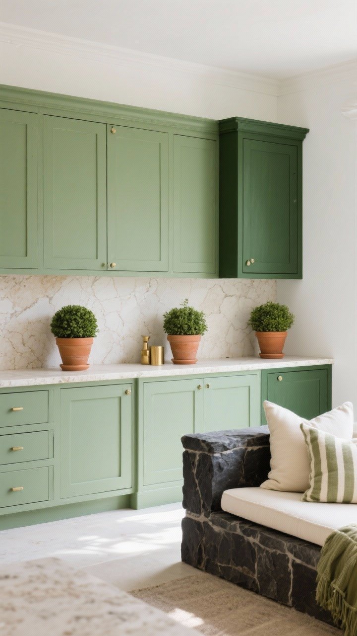 Styled medium vignette showcasing a green-centric color story: three palette combos repeated in objects—Soft sage cabinet front with pale travertine counter and white limewashed wall; olive planter trio with terracotta pots and small brass accents; deep forest green millwork paired with charcoal stone and bone-colored outdoor cushions; repeat each color at least three times across textiles, planters, and decor; soft natural daylight, straight-on composition for clarity.