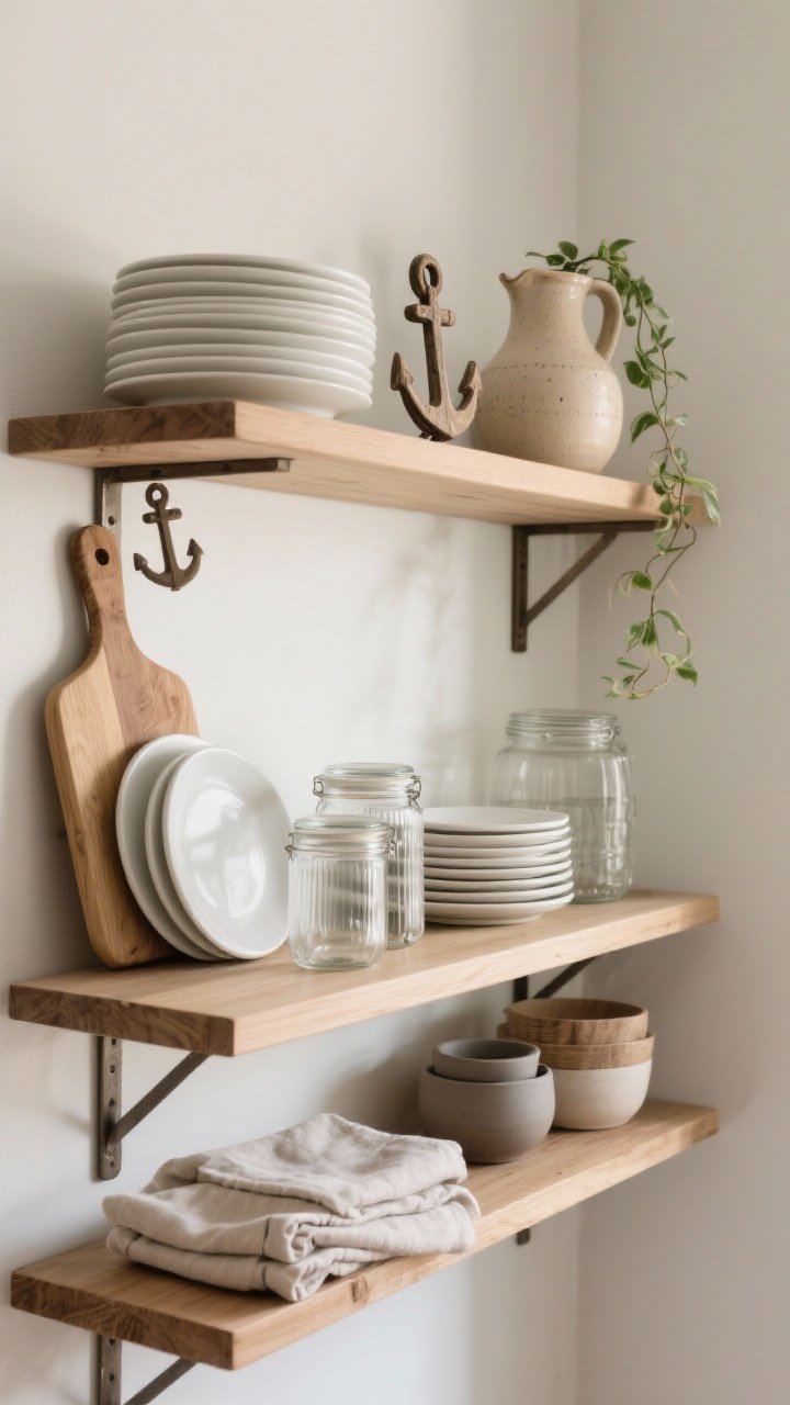 Styled open shelves detail shot from a slight corner angle: floating wood shelves featuring anchors (stacked white plates, leaning cutting boards, lidded glass jars), height elements (a ceramic pitcher, a small trailing plant), and mixed textures (wood, glass, matte ceramics, folded linen napkins); repeated color accents in two to three spots for cohesion; soft, indirect natural light for an airy, curated, lived-in vibe; everyday items at front, special pieces up high.