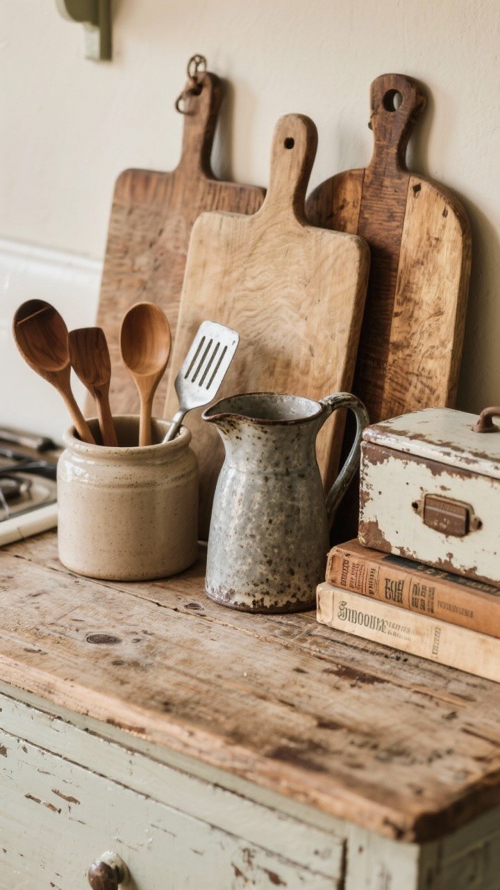 Styled overhead detail shot of a collected vignette on a worn wood counter: vintage cutting boards layered as a backdrop, a stoneware crock corralling wooden spoons and metal spatulas, ironstone pitcher, an old bread box, and a short stack of cookbooks with stained spines; practical but edited arrangement, warm neutral tones and gentle natural light for authenticity.