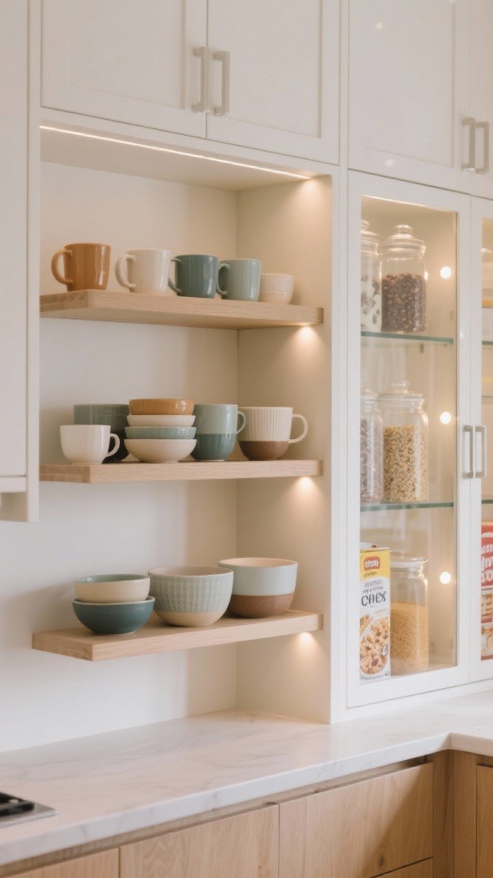 Three-quarter medium shot of a hybrid cabinet section: one open display shelf styled with a cohesive color family of ceramic mugs and bowls, adjacent glass-front cabinets showing glass canisters of dry goods; subtle LED puck lights inside creating a soft, warm glow; cereal boxes hidden behind prettier pieces; light wood shelves, matte white frames, uncluttered and intentional.