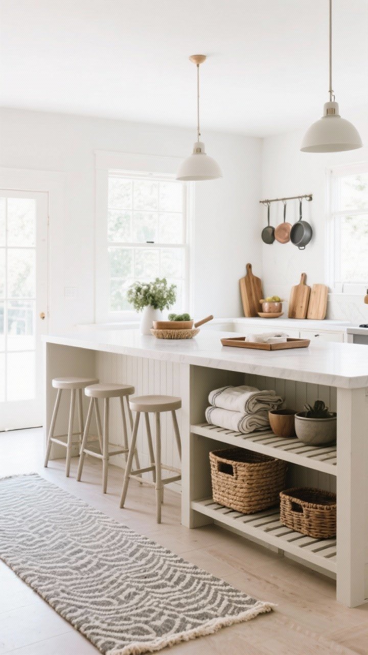 Wide airy view — An open-under island with slender, furniture-style legs and a lower slatted shelf for airflow. Baskets hold linens, trays corral cutting boards, and a few display-worthy cookware pieces sit neatly. Light, unobtrusive counter stools with minimal backs tuck close. Anchor the scene with a washable patterned runner beneath, bright natural light keeping sightlines open and the footprint visually light.
