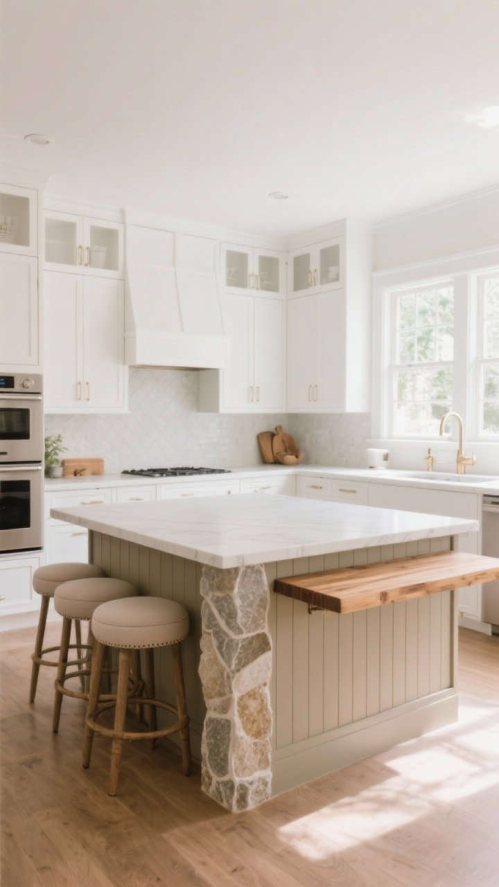 Wide angle of a white kitchen island as focal point: island base painted warm greige against surrounding white cabinetry; honed stone waterfall on one side with a wood butcher block extension at the seating end; subtle beadboard paneling on the island for furniture vibes; curved upholstered stools softening lines. Soft, even natural light with warm undertones, inviting hangout feel, no people.