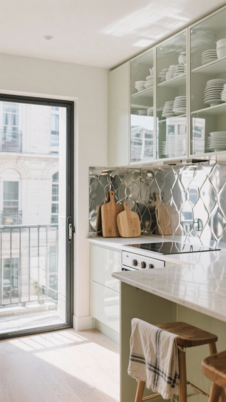 Wide angle view of a small kitchen using reflective surfaces: upper cabinets with glass fronts showcasing neatly arranged dishes, a mirrored stainless-steel backsplash reflecting depth and light, a high-gloss painted island in a soft neutral, and slim-framed glass door leading to a balcony to extend sightlines; balance with matte wood cutting boards and linen tea towels so it feels chic, not flashy; bright natural light.