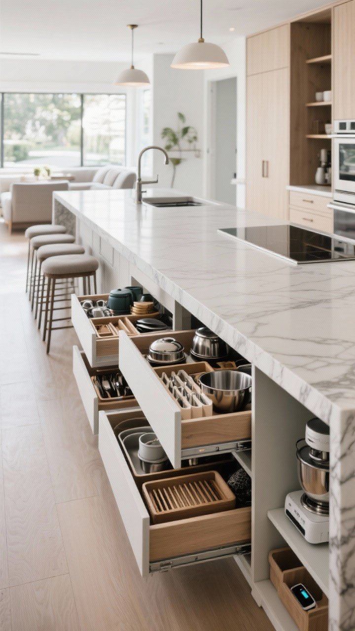 Wide, chef-side view of a long, low kitchen island as primary storage: full-extension deep drawers open to reveal organized cookware, tray dividers, hidden recycling; appliance cubbies including a mixer lift and a charging drawer slightly open; balanced seating overhang on the opposite side; dramatic waterfall edge countertop for durability and flair; bright, functional daylight