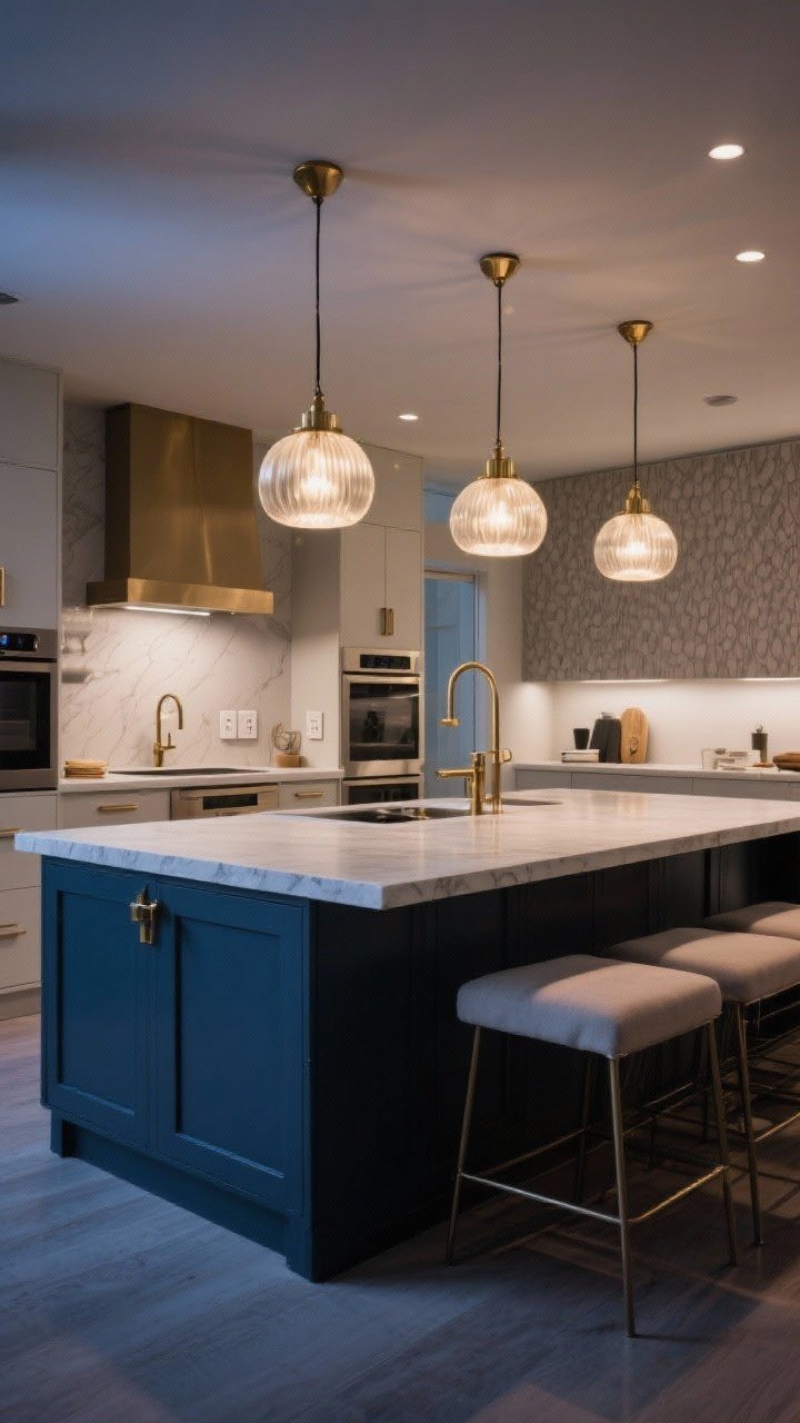 Wide concluding shot of a cohesive, high-impact island: showcases upgraded countertop, contrasting painted base with new hardware, statement pendants on dim light, integrated storage hints, discreet outlets, hybrid dine/work surfaces, textured side panels, and a light touch of styling; finishes repeated at least three times (e.g., brass on hardware, lighting, and accessories); soft runner by seating for sound control; clean, photorealistic, twilight ambiance with dimmed pendants; camera from a wide corner perspective capturing the island as the main character.