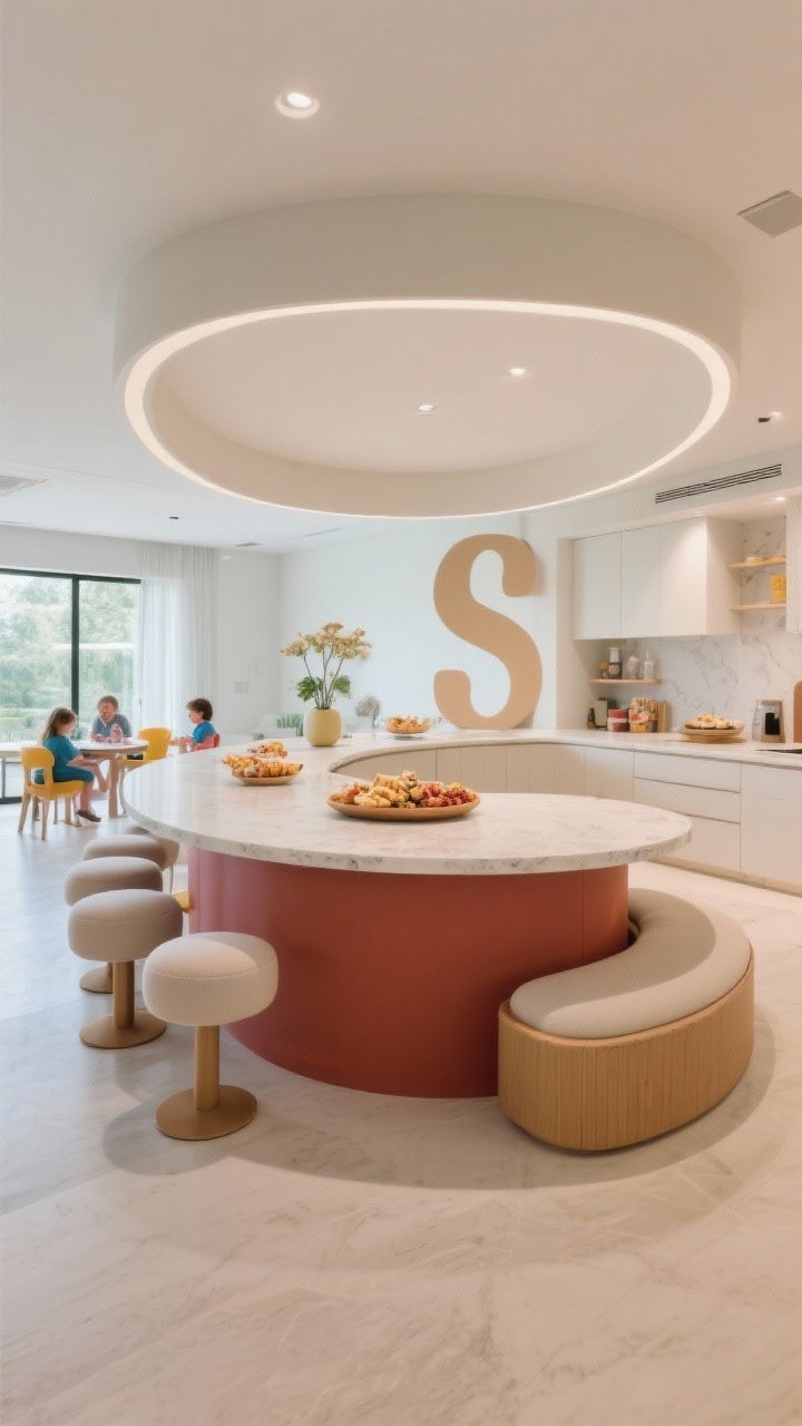 Wide corner angle — A curved “S” island as the social hub, with rounded edges to ease circulation and a gently sweeping silhouette highlighted by a contrasting base color. Rounded-back stools echo the curve; a curved footrest runs along the guest side. Open plan setting where guests can face each other comfortably, kid-friendly edges, bright natural light emphasizing the soft lines, snacks displayed at center.