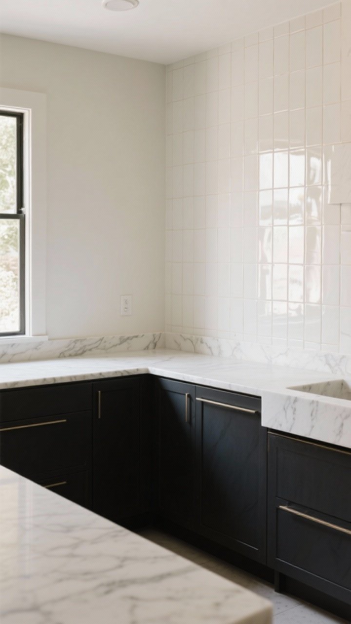 Wide, corner-angle shot emphasizing contrast: deep dark base cabinets with white quartz countertops featuring subtle veining, and a high-gloss ceramic tile backsplash that bounces light; creamy undertones in the stone (not stark white); vertical zellige or skinny stacked tiles for height; sleek eased or mitered edge profile on counters; crisp, luminous ambience, photorealistic.