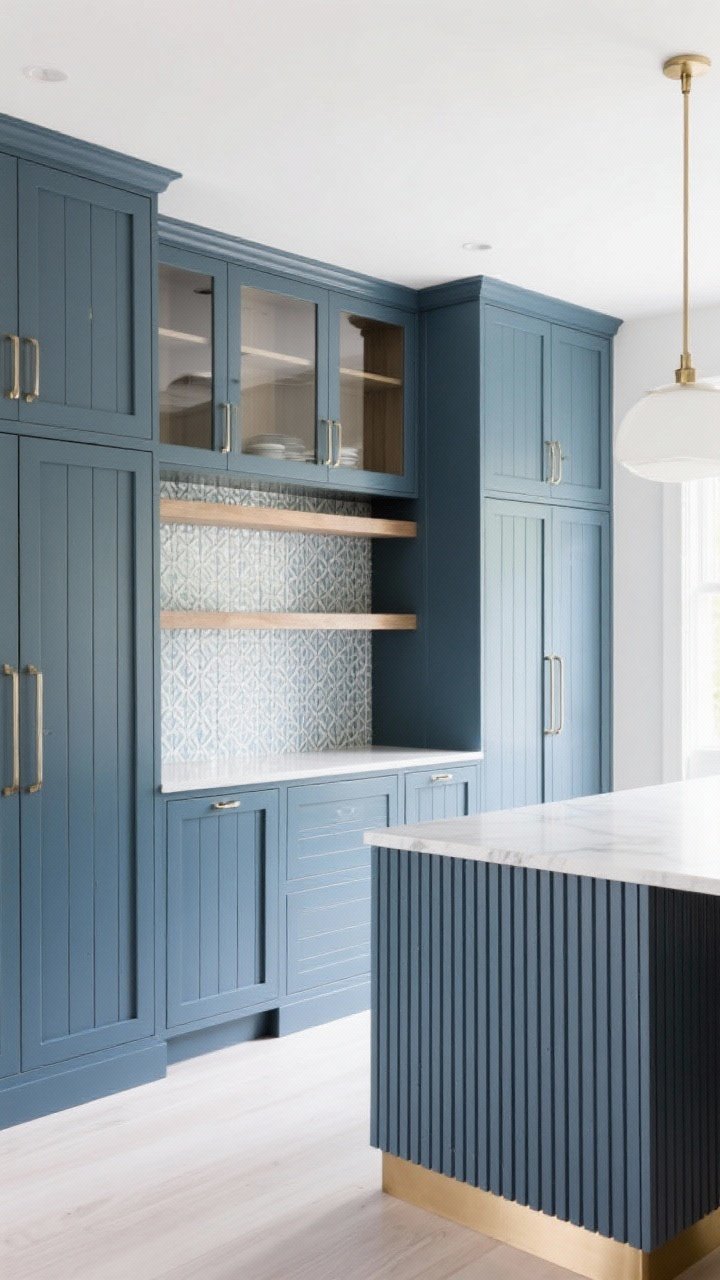 Wide corner shot focusing on upgraded end panels and backs: exposed cabinet sides finished with vertical beadboard, open shelf wall backed with a peel-and-stick tile in a subtle pattern, and glass upper interiors painted a contrasting slate blue for depth. In the same frame, an island wrapped in vertical slats with a trimmed base for custom furniture vibes. Bright, clean lighting to show textures and planes.