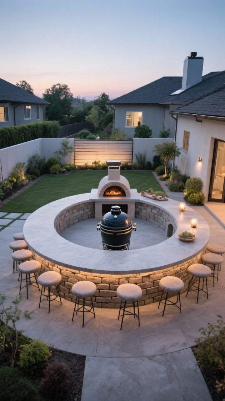 Wide courtyard shot from a slight elevated angle of a semi-circle curved outdoor kitchen: curved counter facing a round patio, a kamado grill or compact pizza oven as the central focal point, segmental block base with rounded stone edges, bar seating along the arc giving everyone a front-row view; soft evening light with a low wind screen behind the grill, lush planting softening a boxy yard.