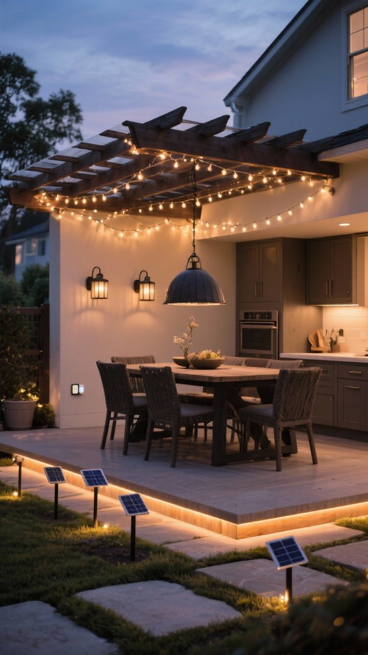 Wide dusk scene emphasizing lighting layers: solar string lights draped across a pergola, low-voltage path lights along stepping stones, and warm LED under-cabinet light strips casting a 2700–3000K glow. Add a pair of dark metal sconces and one dramatic pendant over the dining table, all on dimmers. Include solar stakes along borders and a motion sensor near a pantry cabinet. Cozy, diffused mood, photorealistic.